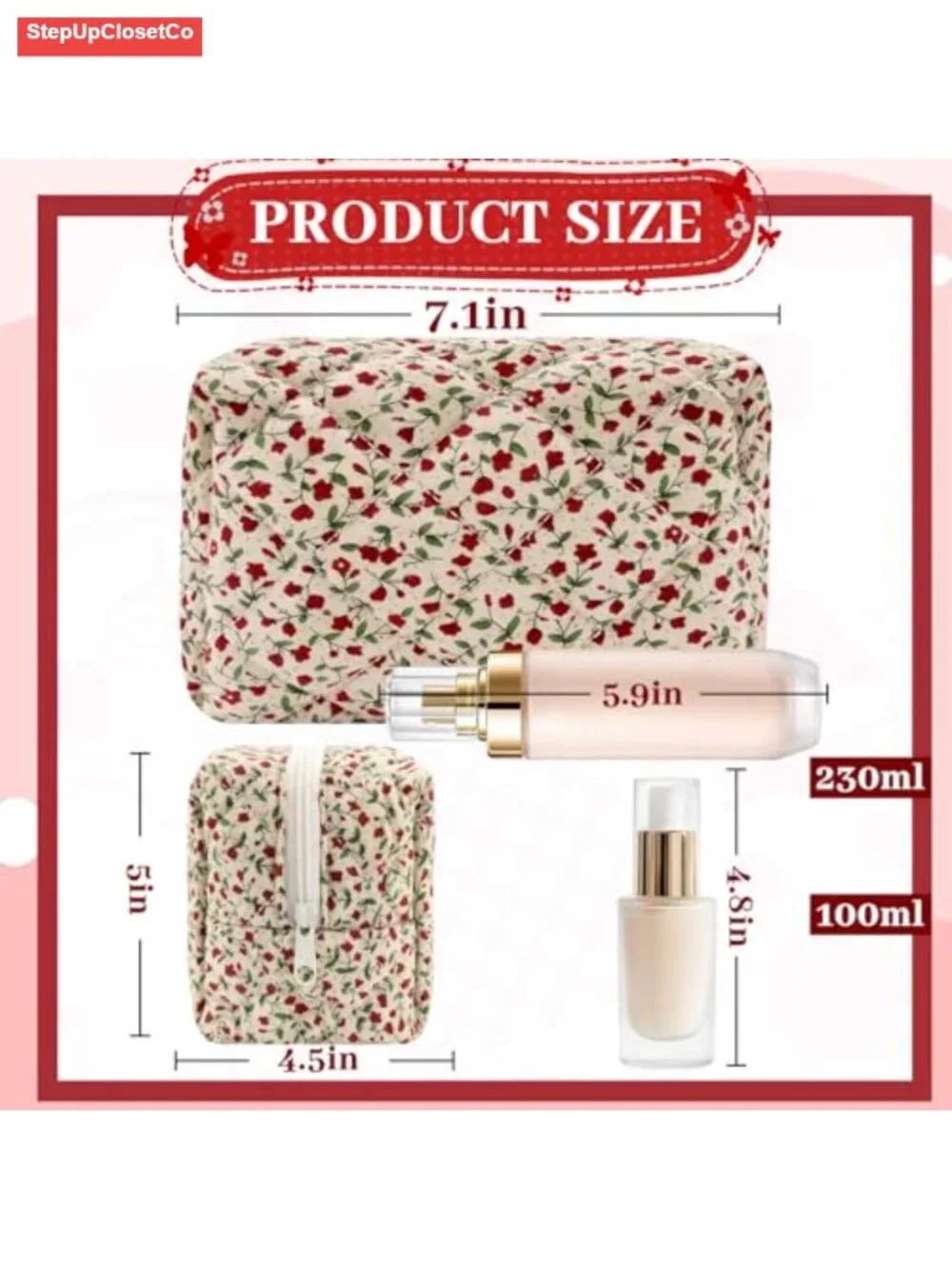 Quilted Cotton Floral Makeup Bag Organizer Travel Toiletry Pouch